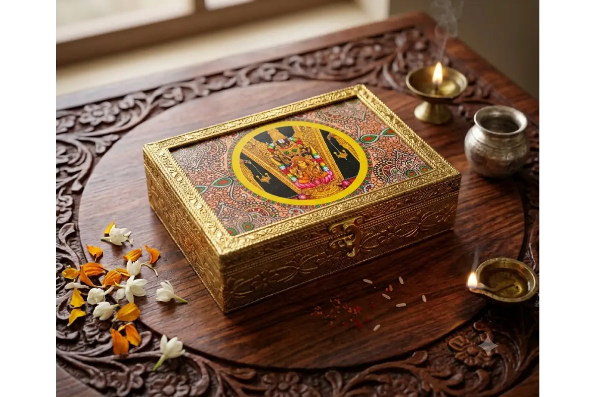 Handcrafted Tanjore print wooden jewelry box featuring divine traditional painting for return gifts - Puja Celebrations