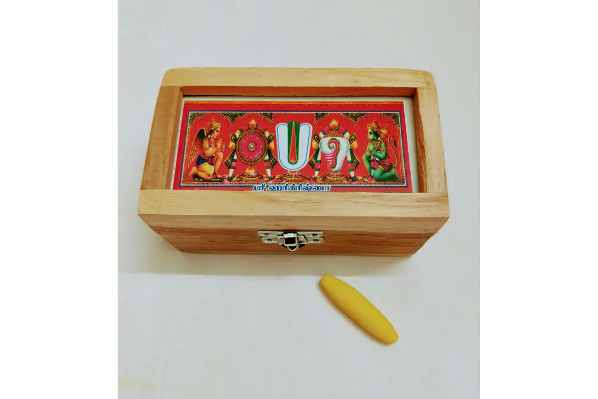 Wooden box with colorful label on a white background