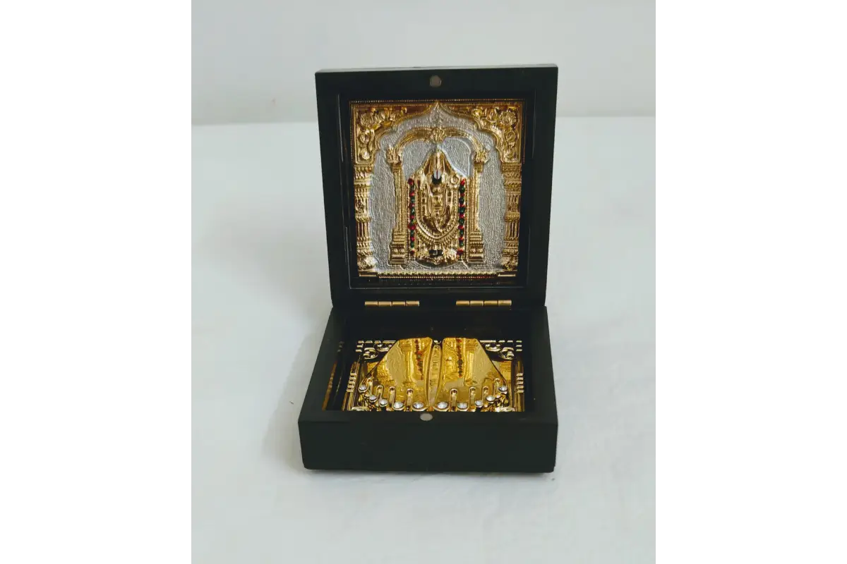 Traditional Tirupati Balaji Charan Paduka box with gold finish for wedding and housewarming return gifts