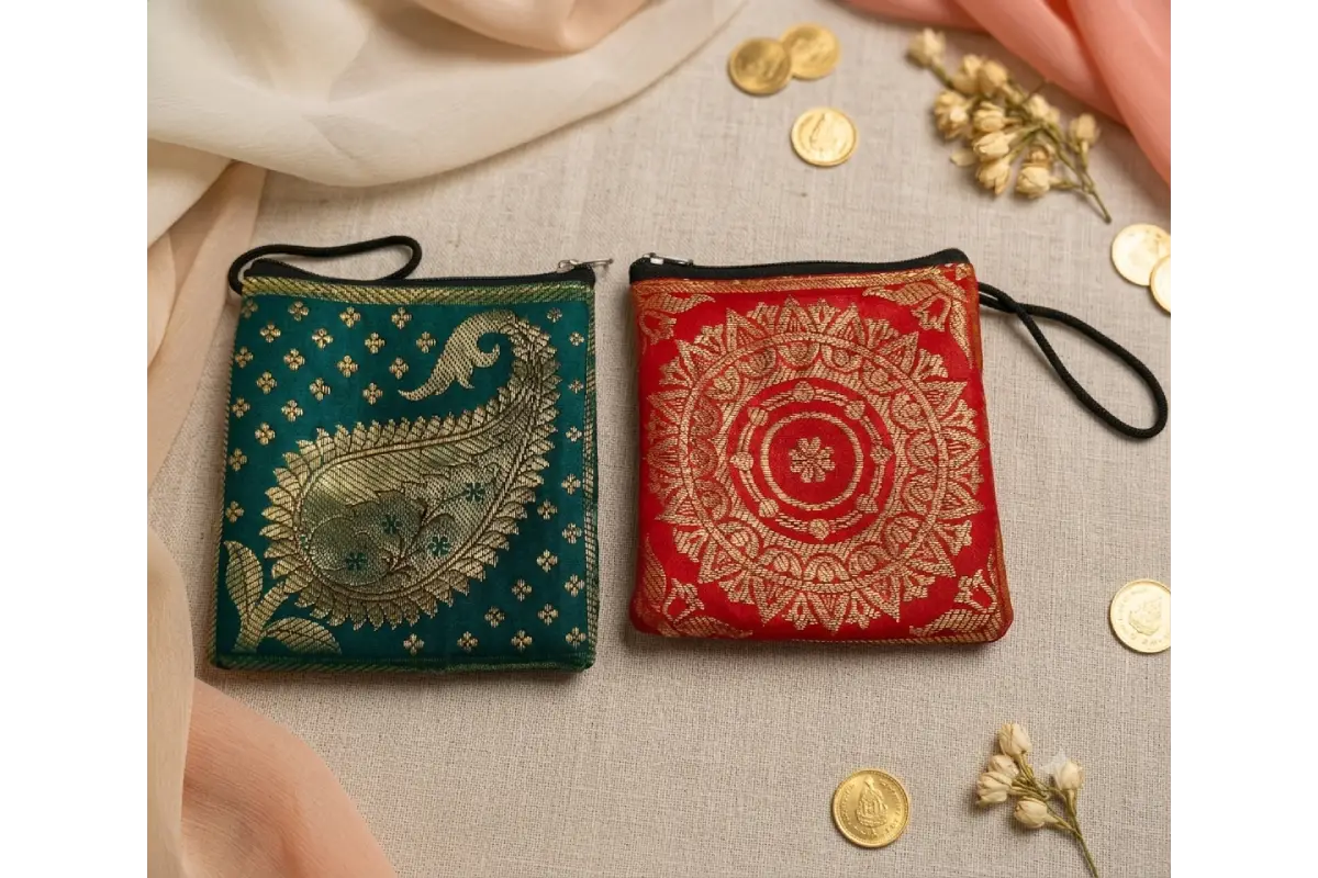 Traditional silk brocade mini purse with gold zari pattern for wedding return gifts