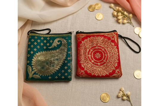 Traditional silk brocade mini purse with gold zari pattern for wedding return gifts