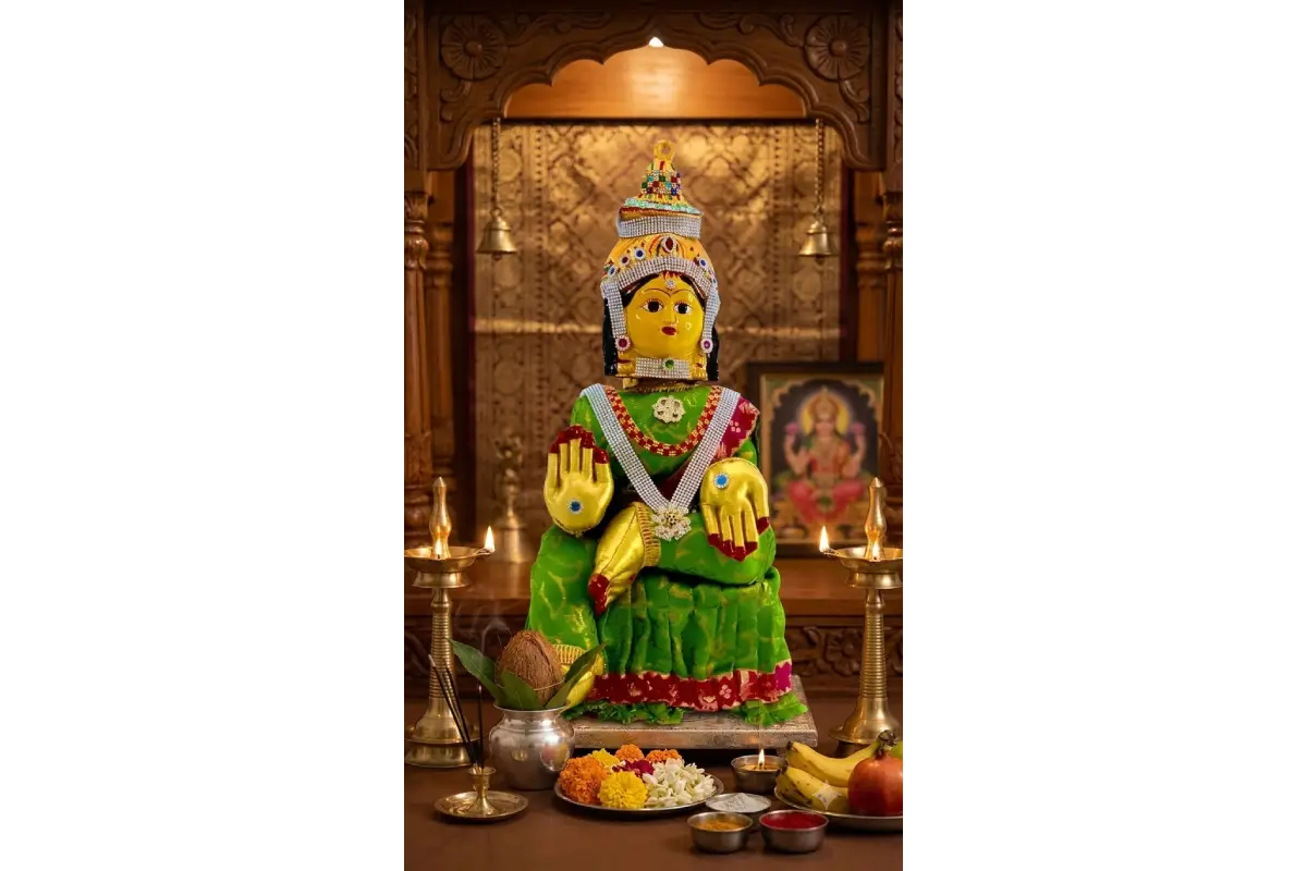 Close-up view of intricate craftsmanship on a durable Ammavari face holder stand for Navaratri Golu