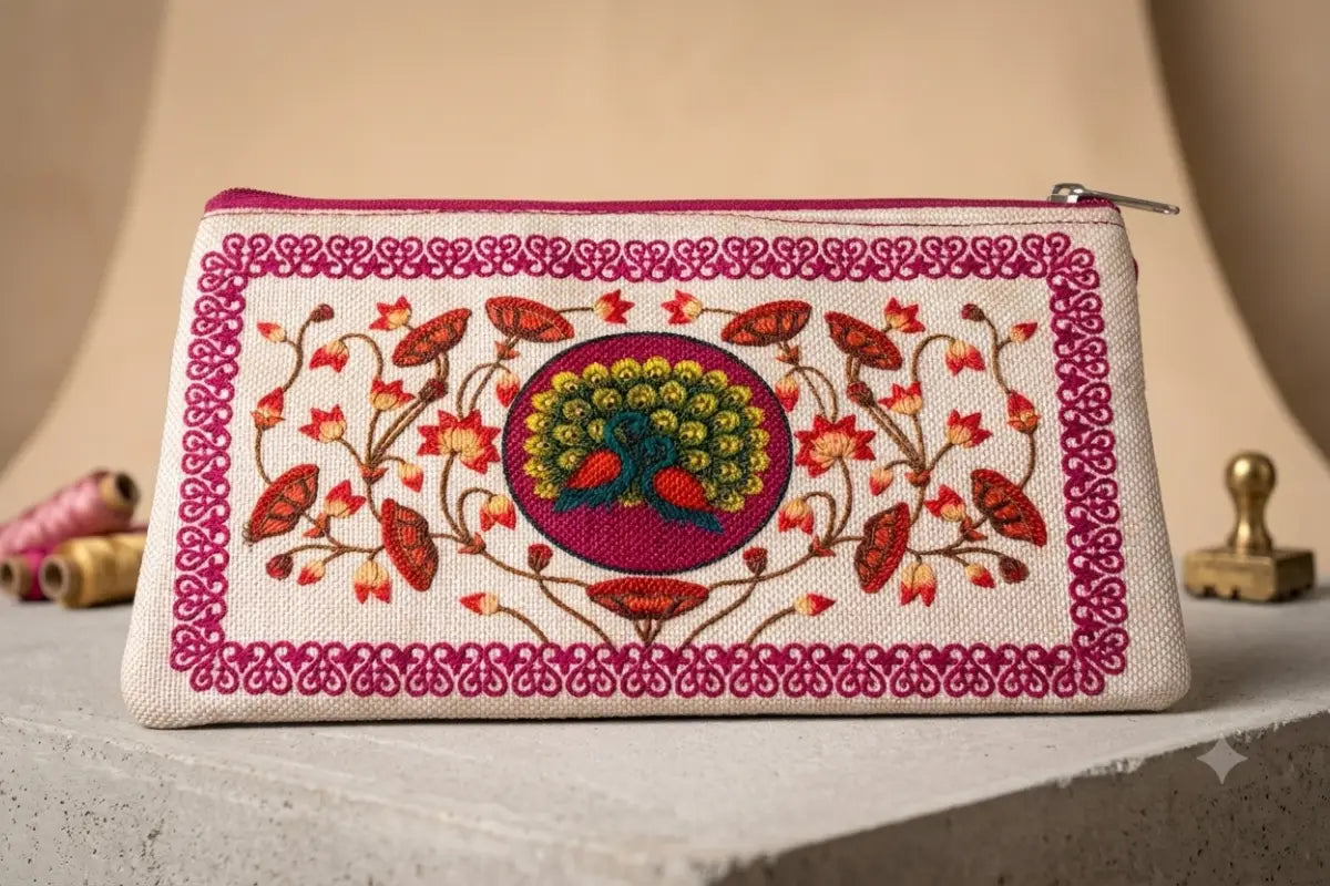 Close-up view of intricate Indian ethnic printed fabric and durable metal zipper on handcrafted purse