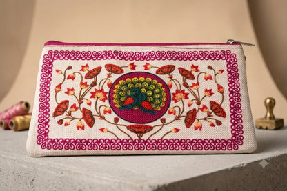 Close-up view of intricate Indian ethnic printed fabric and durable metal zipper on handcrafted purse