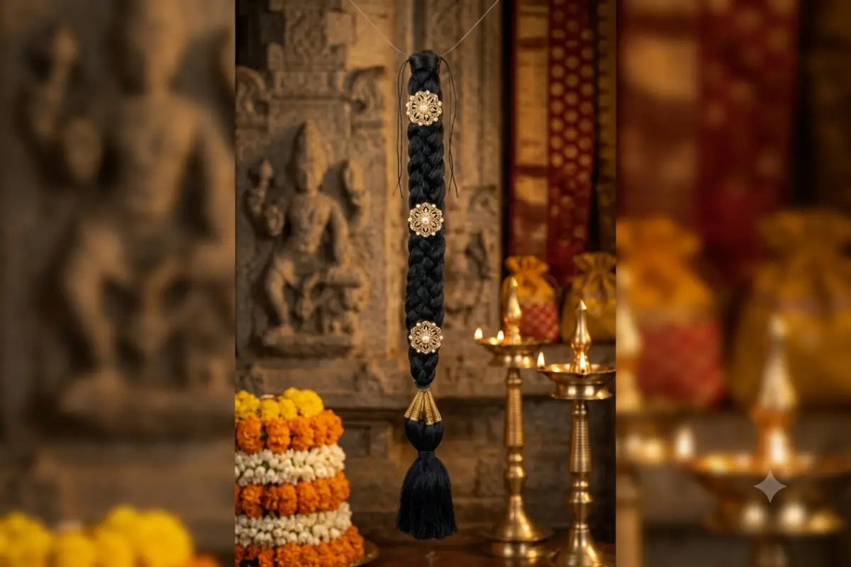 Close-up view of red and green Kemp stone Jadai Billa with intricate peacock and temple design - Puja Celebrations