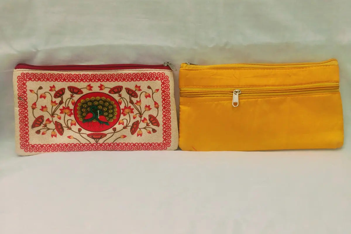 Traditional printed purse arranged with Haldi Kumkum for wedding and housewarming return gifts