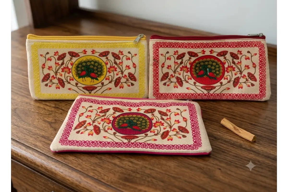 Vibrant traditional printed ethnic cotton purse with zipper for return gifts and daily use - Puja Celebrations