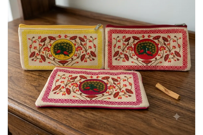 Vibrant traditional printed ethnic cotton purse with zipper for return gifts and daily use - Puja Celebrations