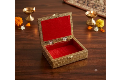 Open Tanjore print wooden jewelry box showing soft velvet lining for gold jewelry and accessories