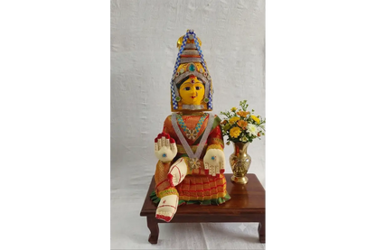 Traditional wooden Ammavari doll face stand with base from Puja Celebrations, perfect for Varalakshmi Vrata alankaram