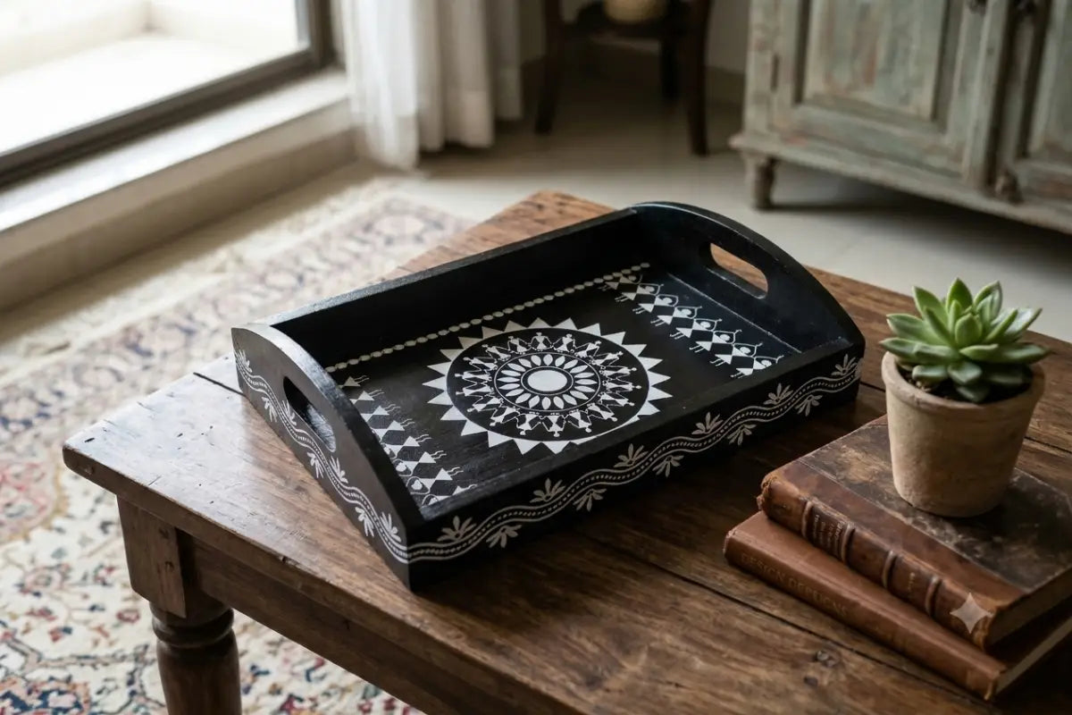 Wooden warli print tray arranged with coconut and betel leaves for wedding return gifts
