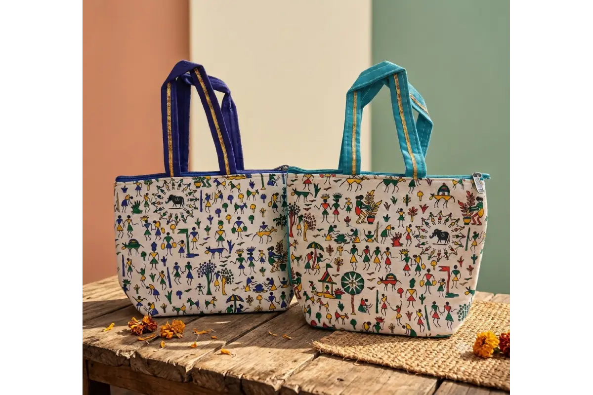 Spacious interior compartment of warli print thamboolam bag holding items.