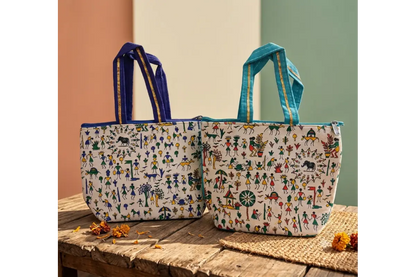 Spacious interior compartment of warli print thamboolam bag holding items.