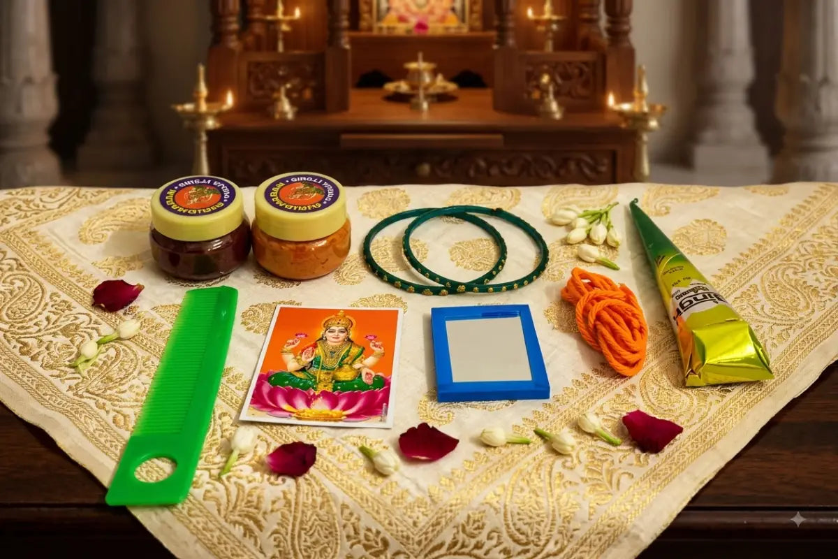 Thamboolam Sumangali sets arranged on a traditional gift for wedding return gift distribution