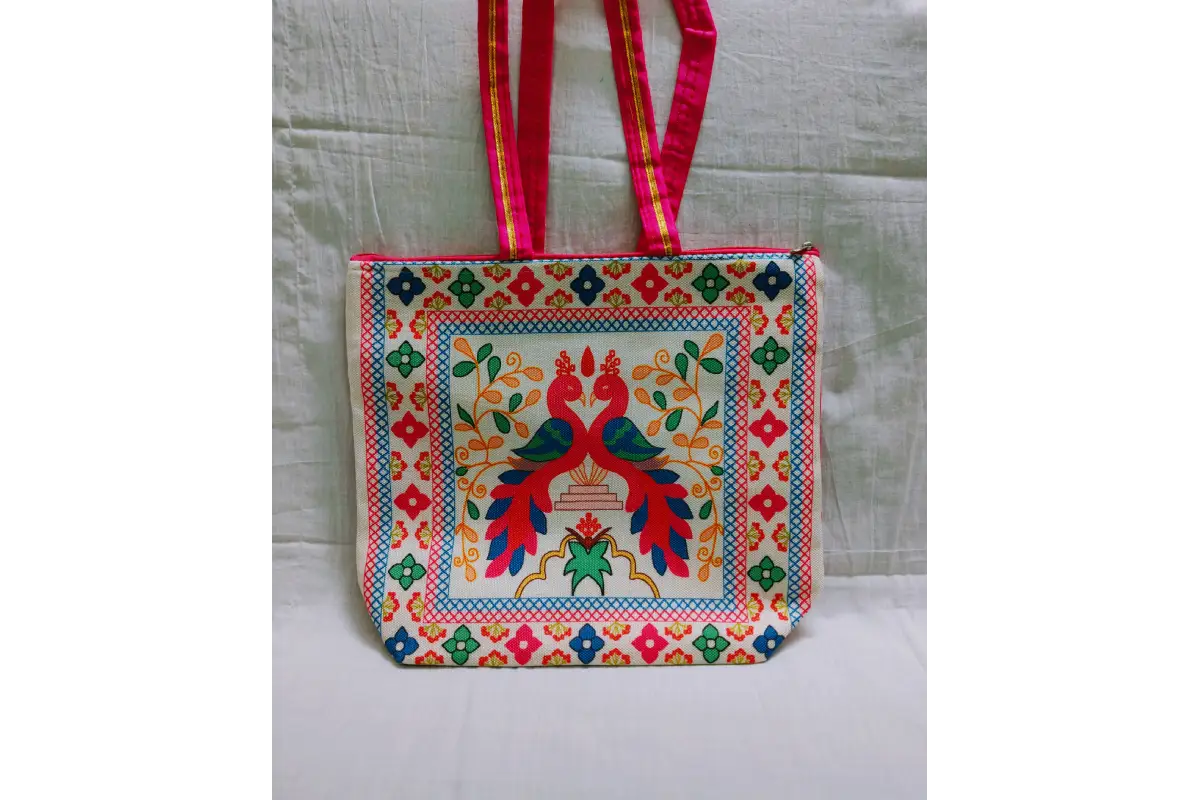 Close-up shot of vibrant floral and mandala print detail on natural jute fabric