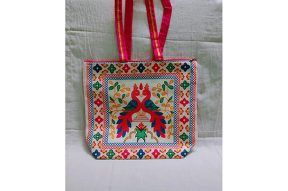 Close-up shot of vibrant floral and mandala print detail on natural jute fabric