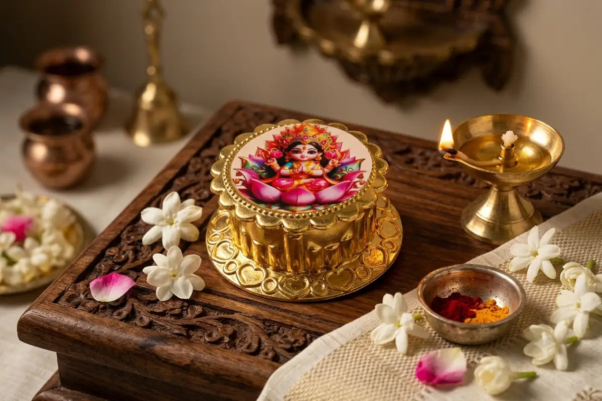 Bulk stock of Lakshmi kumkum boxes packed for wholesale return gift orders at Puja Celebrations