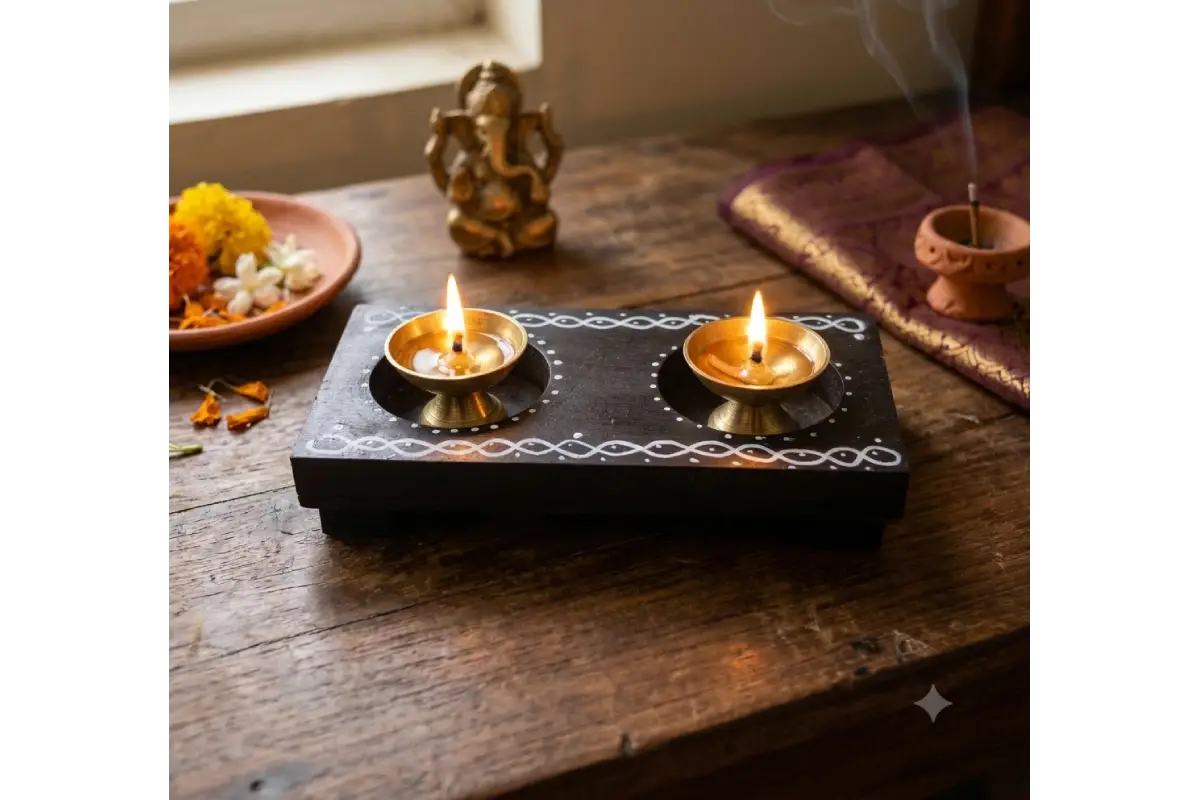 Close-up shot of detailed floral carving and smooth finish on wooden diya holder
