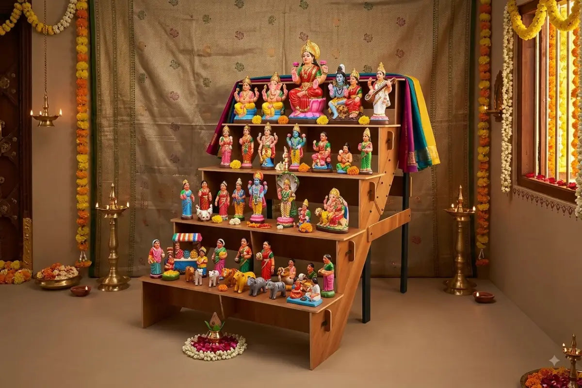 Close-up view of durable wood finish and interlocking joints on a 5 step Golu stand