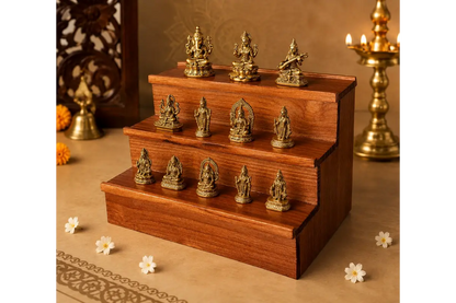 Multi-tier wooden Golu stand assembled for Navaratri doll display by Puja Celebrations