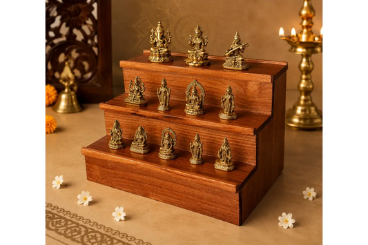 Multi-tier wooden Golu stand assembled for Navaratri doll display by Puja Celebrations