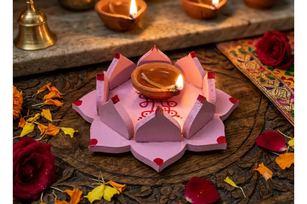 Handcrafted wooden lotus diya holder with burning tea light candle for return gifts by Puja Celebrations