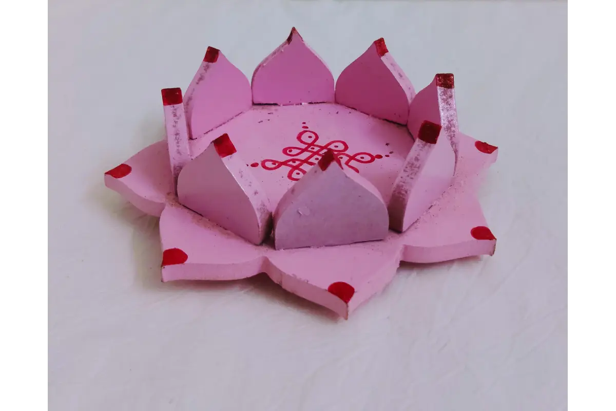 Close-up shot of laser cut wooden lotus petals and smooth lacquer finish