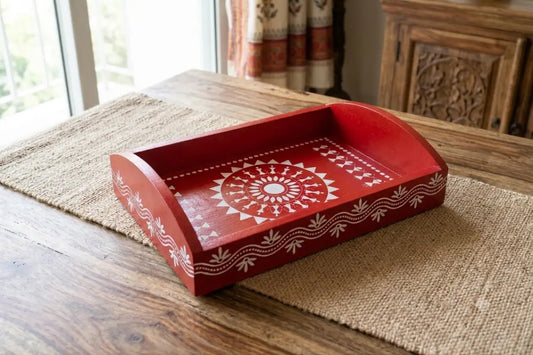 Handcrafted wooden warli print tray for return gifts by Puja Celebrations