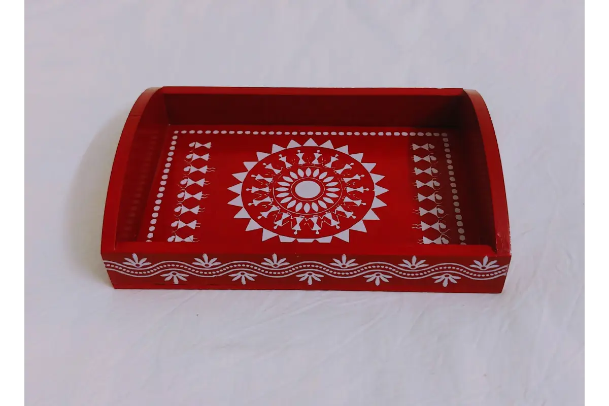 Wooden Warli print serving tray with tea cups and dry fruit bowls for housewarming guests