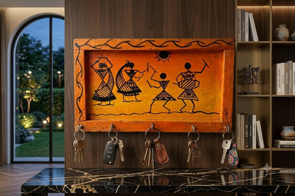 Handcrafted wooden Warli tribal painting keyholder with hooks for housewarming return gifts