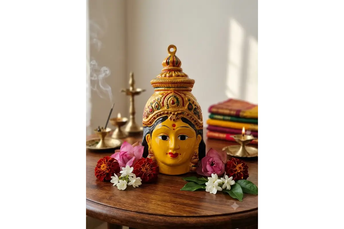 Turmeric yellow Ammavari face mugam mounted on a copper kalash for Varamahalakshmi Vratam setup