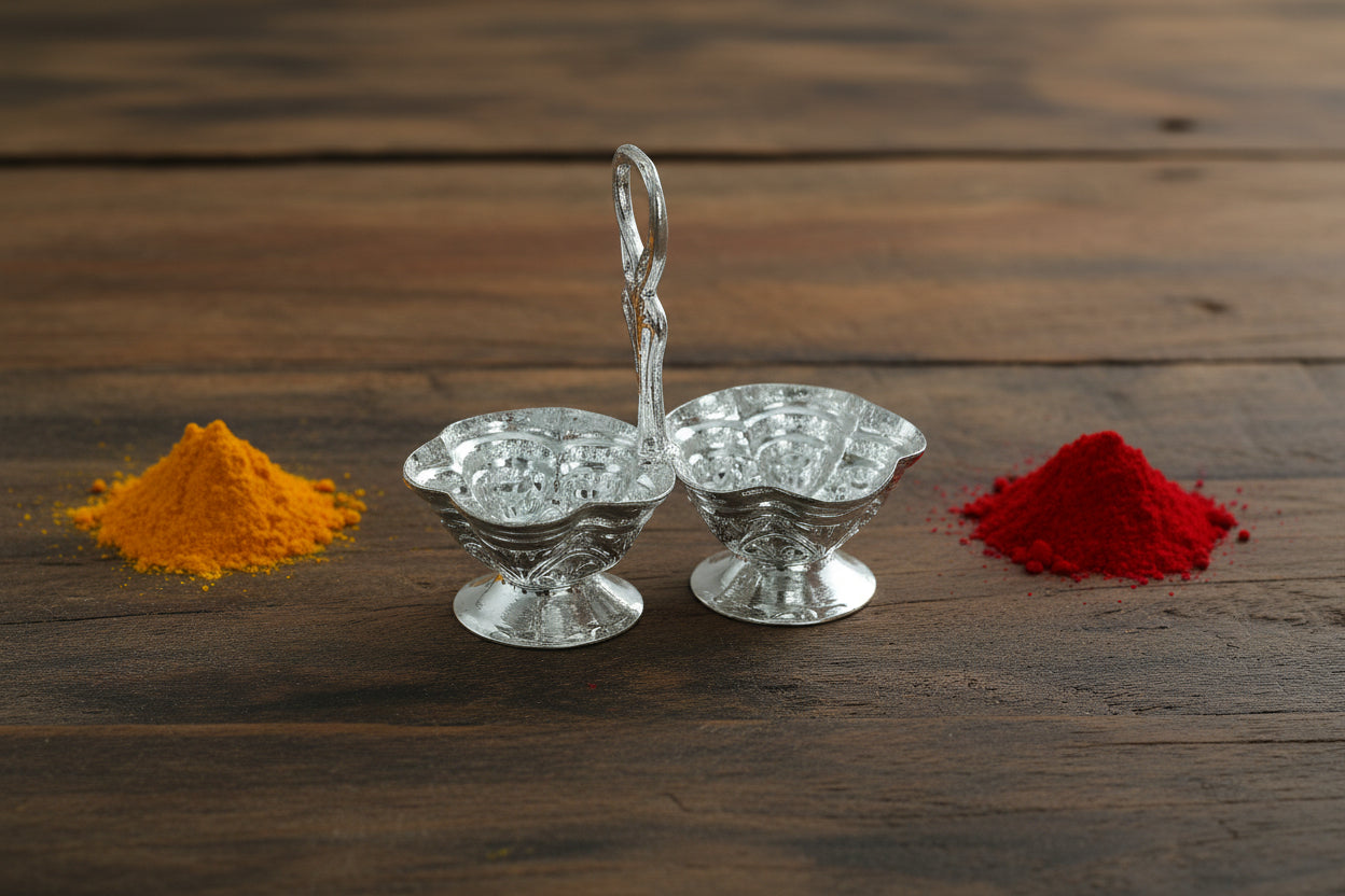 German Silver 2 Cup Holder - Puja Celebrations