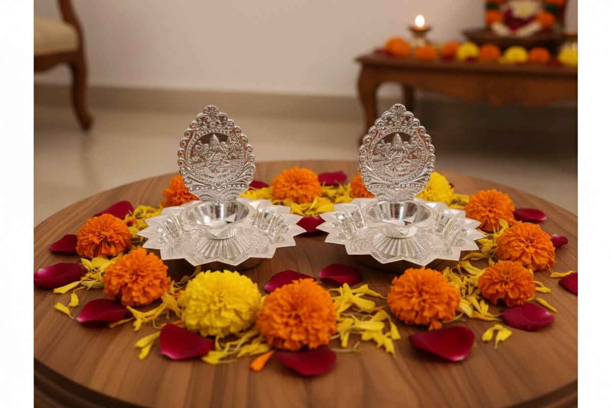 German Silver Lakshmi Diya Pair