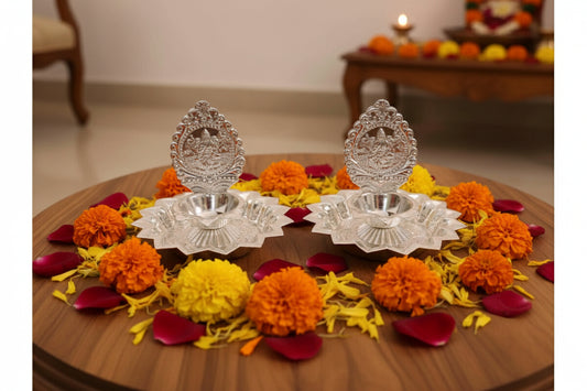 German Silver Lakshmi Diya Pair