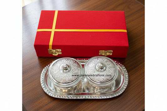 German silver twin bowl set with tray