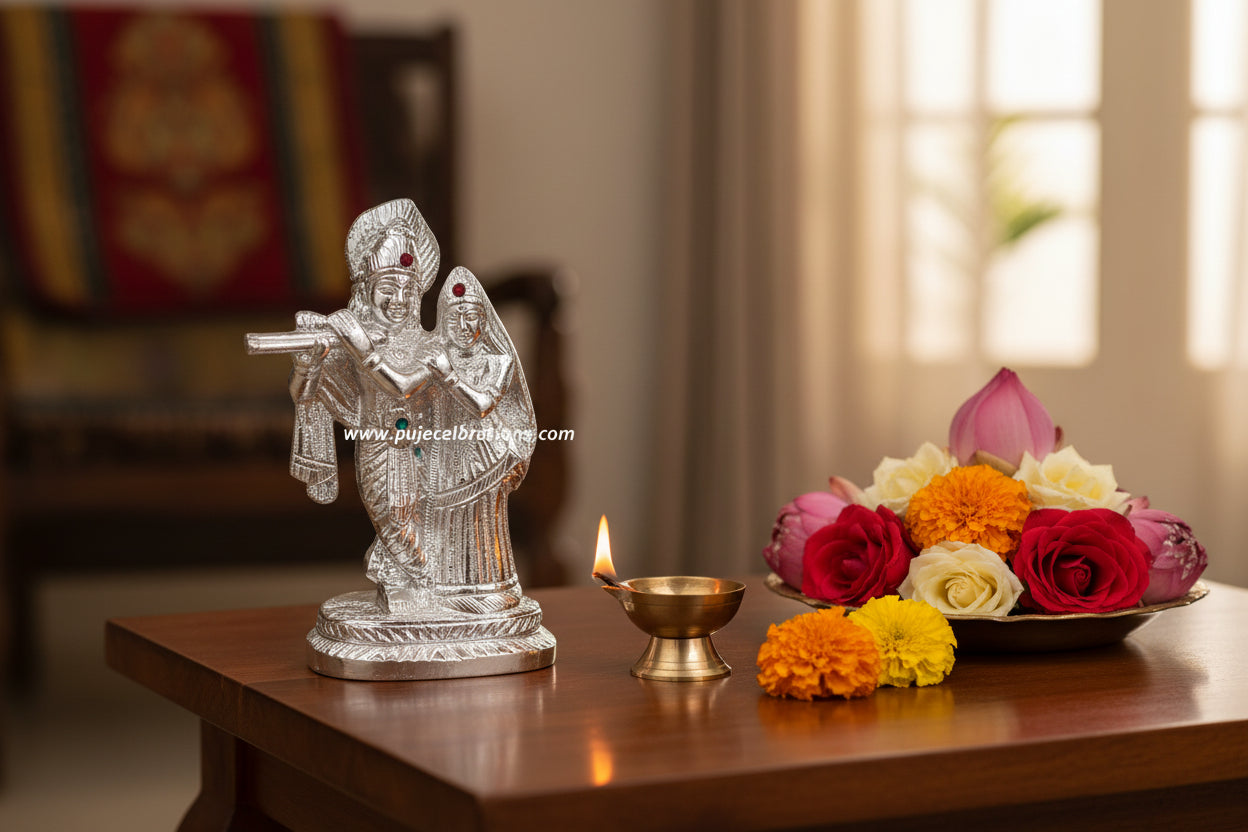 White Metal Radha Krishna - Puja Celebrations